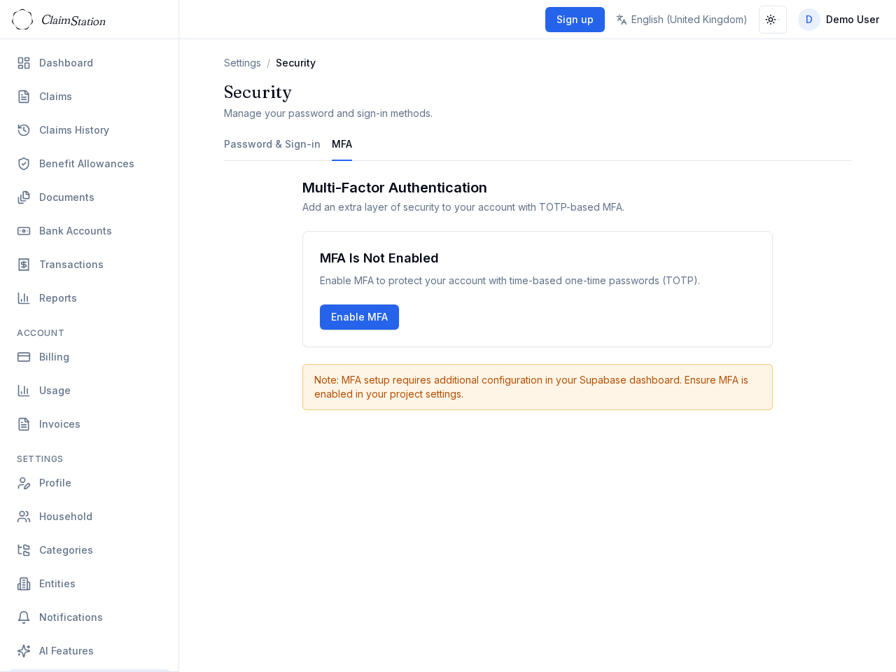 ClaimStation Settings Security MFA